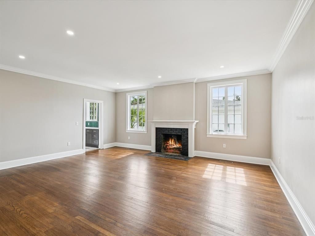 Empty room, Fireplace, Interior, Recessed Lighting, Wood Texture Flooring