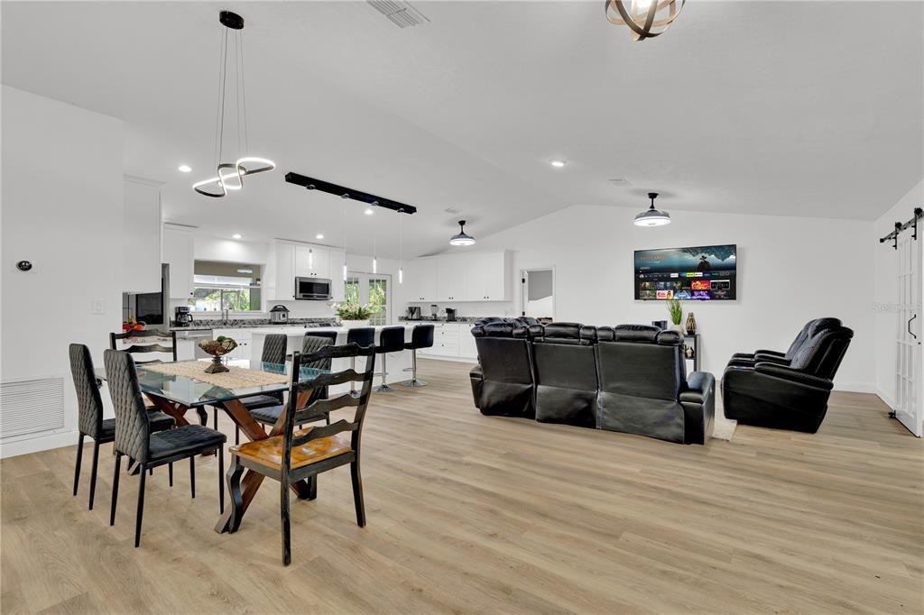 Dining room, Interior, Kitchen, Living room, Pendant Lights, Recessed Lighting, Wood Texture Flooring
