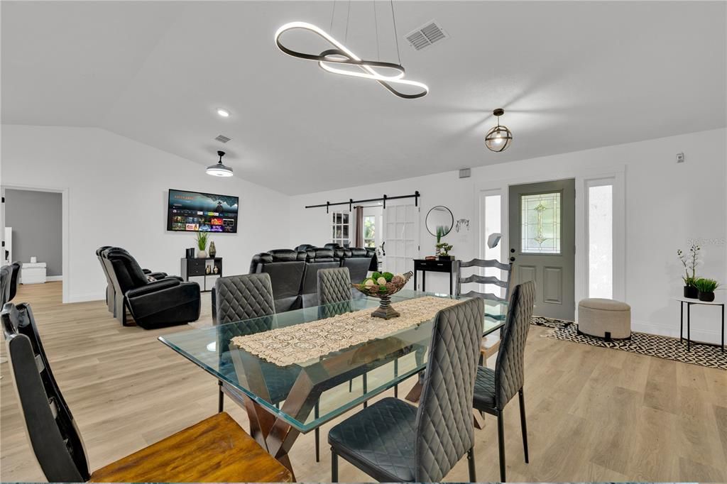 Dining room, Interior, Living room, Pendant Lights, Recessed Lighting, Wood Texture Flooring