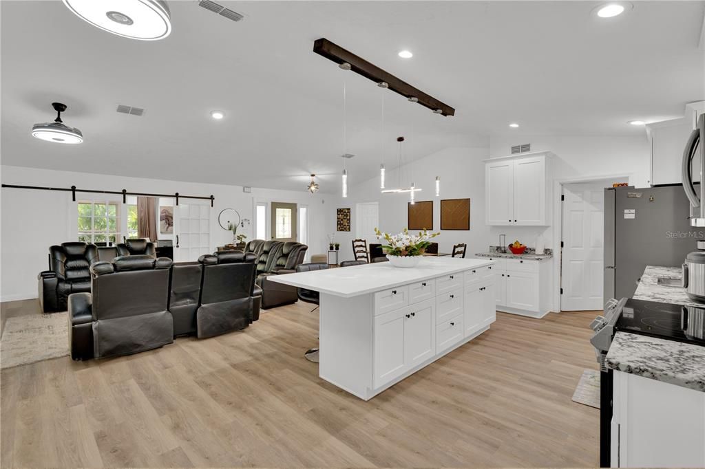 Home Theatre Room, Interior, Kitchen, Living room, Pendant Lights, Recessed Lighting, Wood Texture Flooring