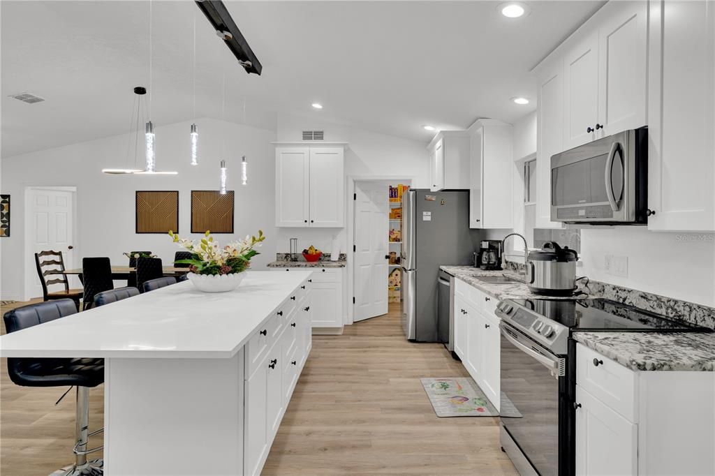 Interior, Kitchen, Pendant Lights, Recessed Lighting, Wood Texture Flooring