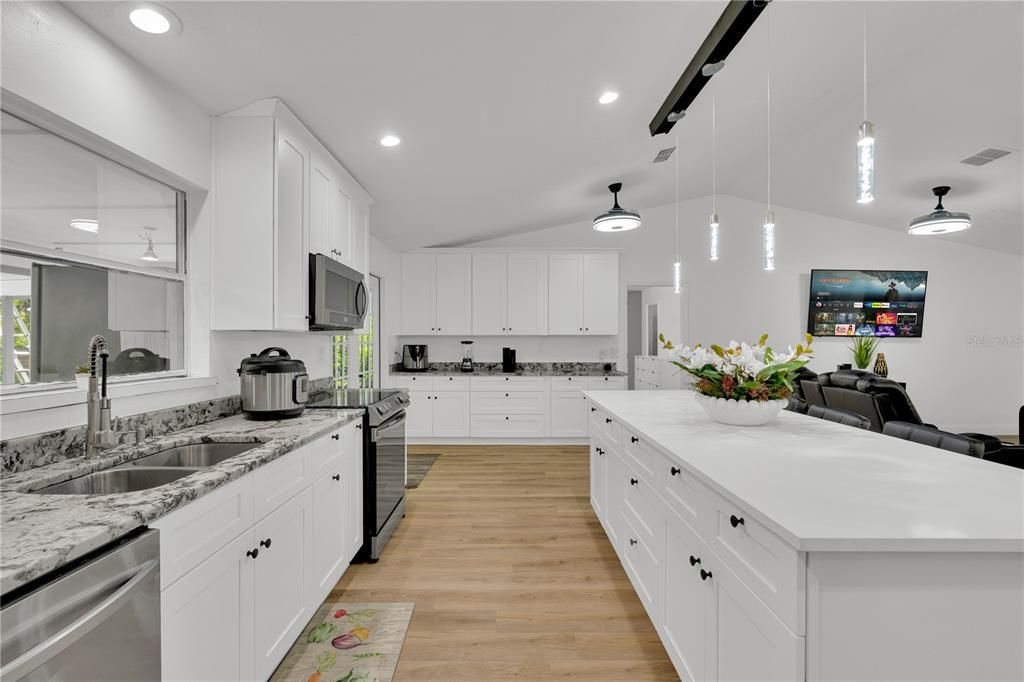 Interior, Kitchen, Pendant Lights, Recessed Lighting, Wood Texture Flooring