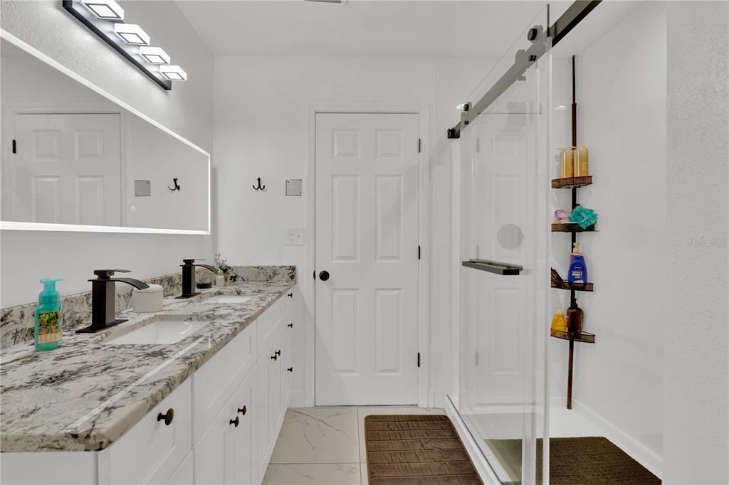 Bathroom, Dual Sink Vanities, Glass Shower, Interior, Marble