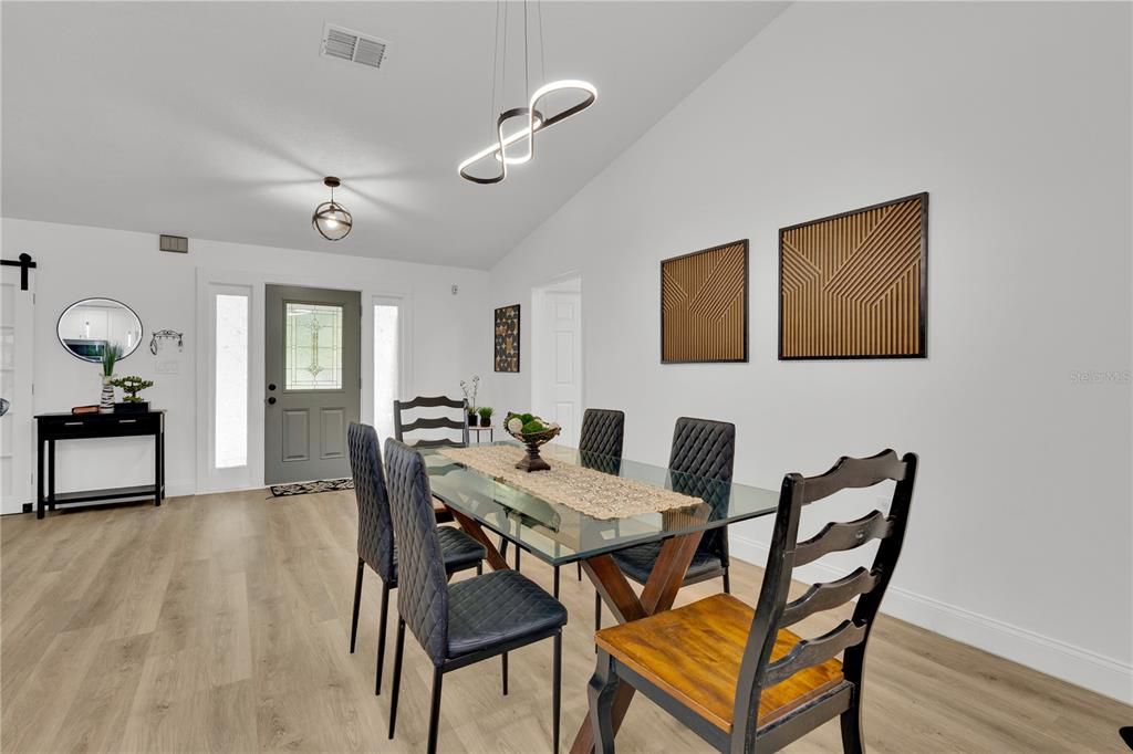 Dining room, Interior, Pendant Lights, Wood Texture Flooring