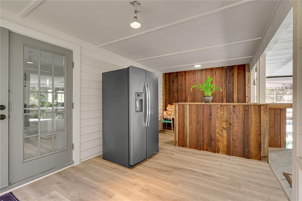 Interior, Kitchen, Recessed Lighting, Wood Texture Flooring, Wooden Walls
