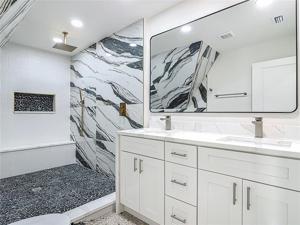 Bathroom, Dual Sink Vanities, Interior, Marble Walls, Recessed Lighting