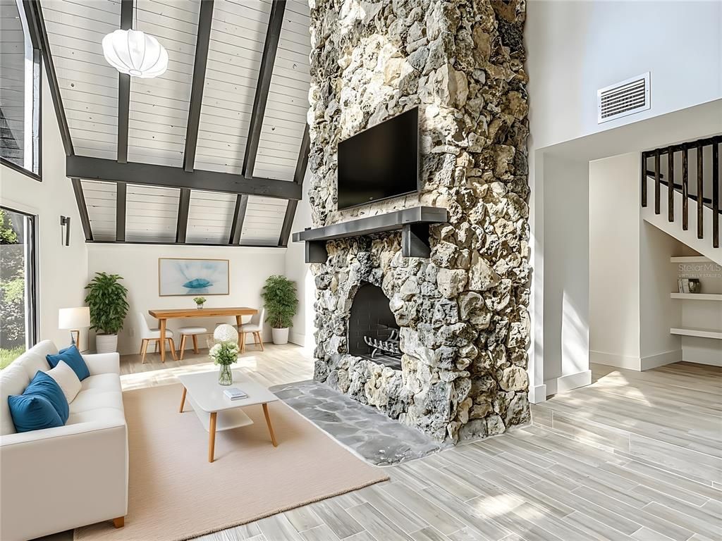 Fireplace, Interior, Living room, Stone Walls, Wood Texture Flooring