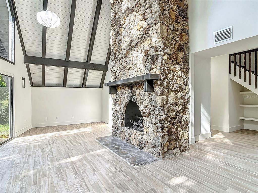 Fireplace, Interior, Stone Walls, Wood Texture Flooring