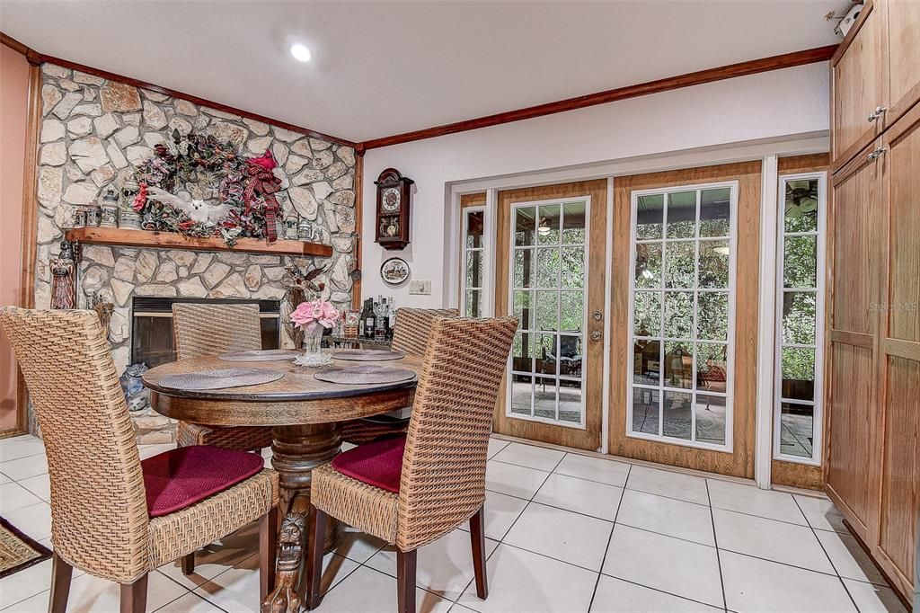 Dining room, Fireplace, Interior, Recessed Lighting, Stone Walls