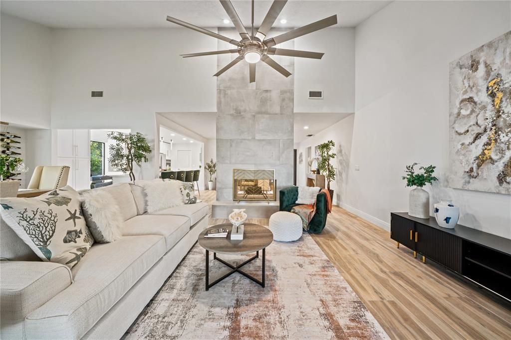 Fireplace, Interior, Living room, Recessed Lighting, Wood Texture Flooring