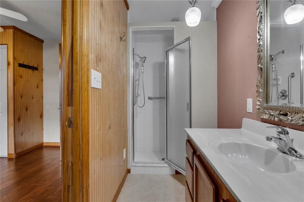 Bathroom, Dual Sink Vanities, Interior, Wood Texture Flooring, Wooden Walls