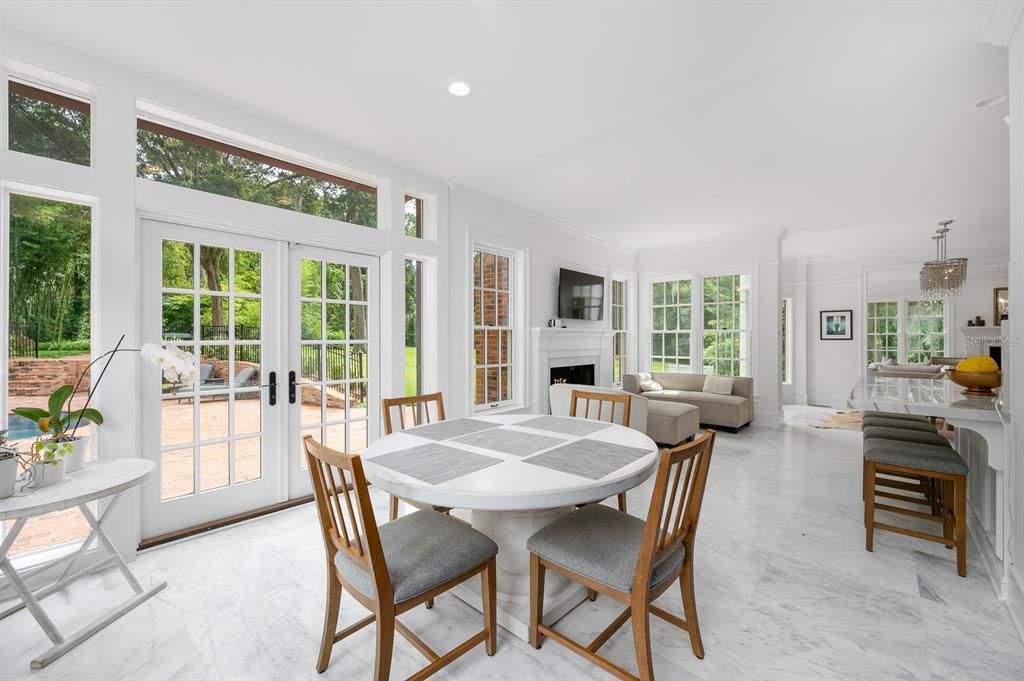 Dining room, Fireplace, Interior, Living room, Marble, Recessed Lighting