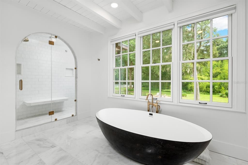 Bathroom, Free Standing Baths, Glass Shower, Interior, Marble, Recessed Lighting