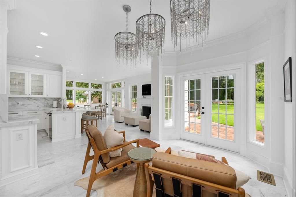 Fireplace, Interior, Kitchen, Living room, Marble, Marble Walls, Pendant Lights, Recessed Lighting