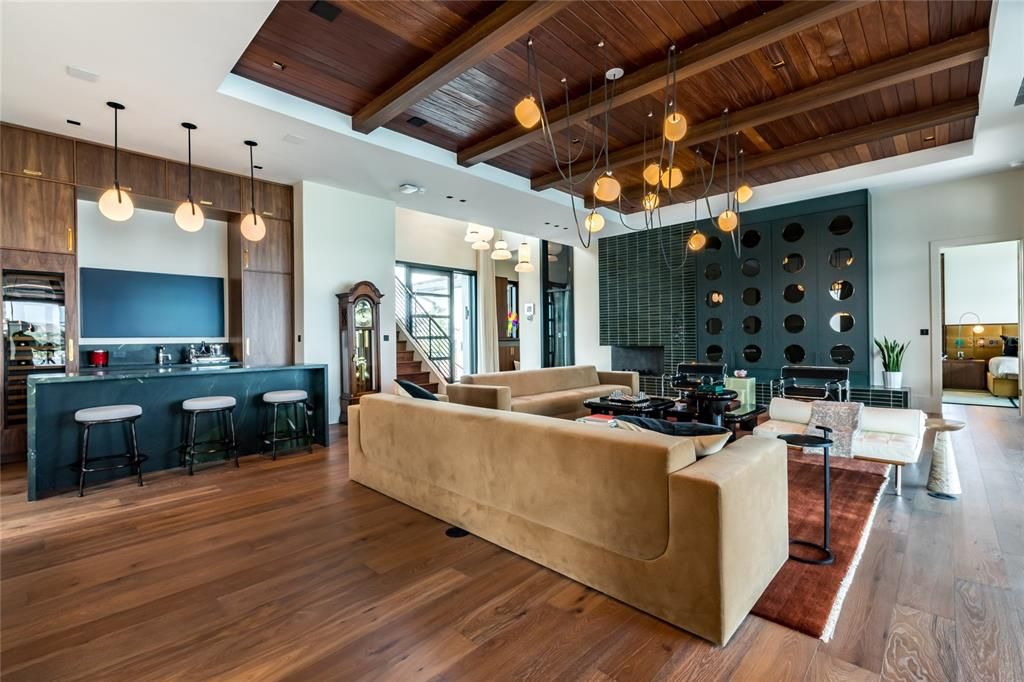 Interior, Living room, Pendant Lights, Recessed Lighting, Wooden Beams, Wooden Ceilings, Wood Texture Flooring