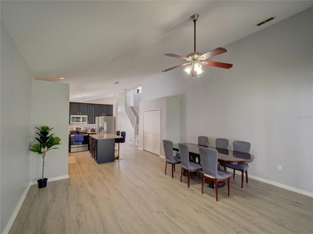 Dining room, Interior, Kitchen, Recessed Lighting, Wood Texture Flooring