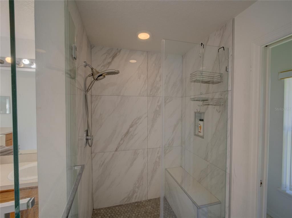 Bathroom, Glass Shower, Interior, Marble Walls, Recessed Lighting