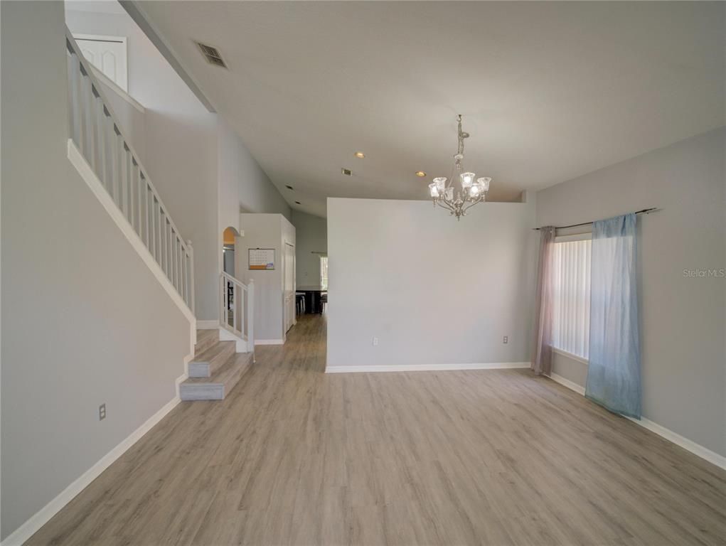 Chandelier, Empty room, Interior, Recessed Lighting, Wood Texture Flooring