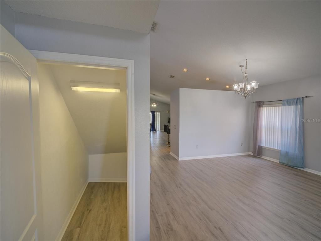 Chandelier, Empty room, Interior, Pendant Lights, Recessed Lighting, Wood Texture Flooring