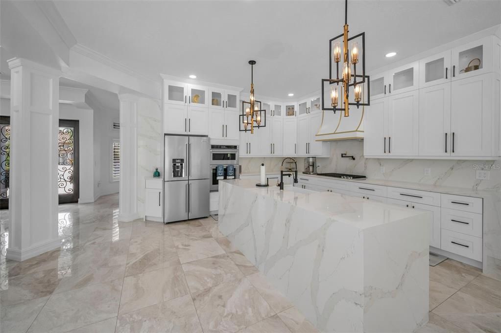 Interior, Kitchen, Marble Walls, Pendant Lights, Recessed Lighting