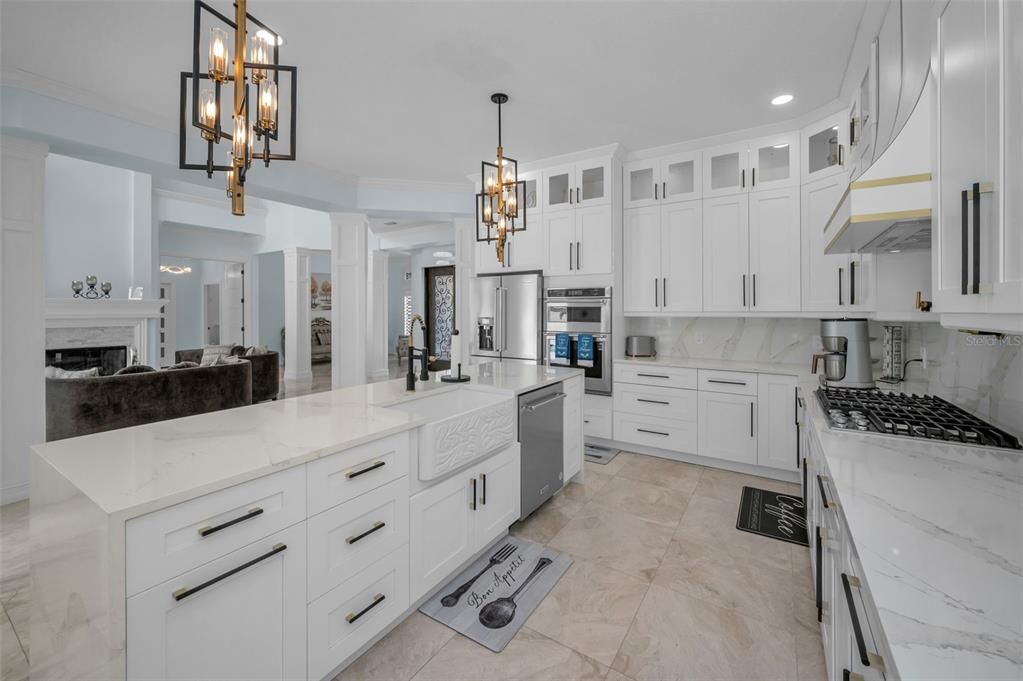 Fireplace, Interior, Kitchen, Pendant Lights, Recessed Lighting, Stainless Steel Appliances