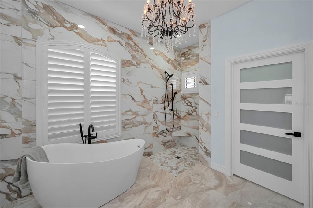 Bathroom, Chandelier, Free Standing Baths, Interior, Marble, Marble Walls