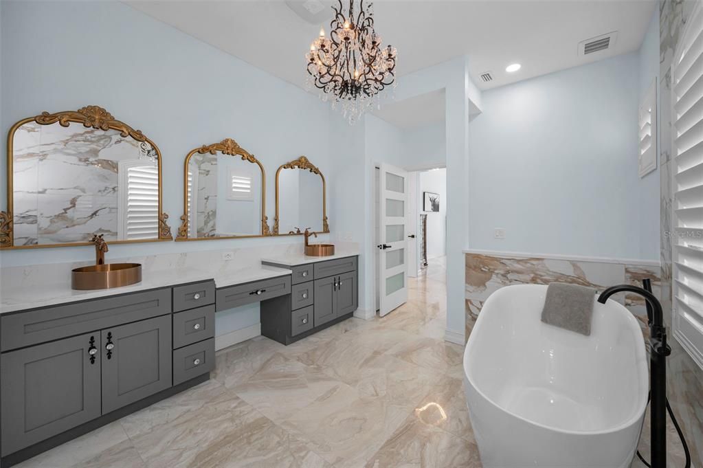 Bathroom, Chandelier, Dual Sink Vanities, Free Standing Baths, Interior, Marble, Recessed Lighting