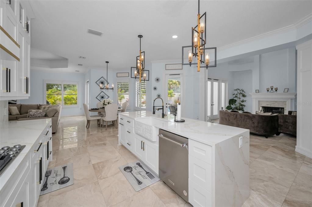 Dining room, Fireplace, Interior, Kitchen, Living room, Pendant Lights, Recessed Lighting, Stainless Steel Appliances
