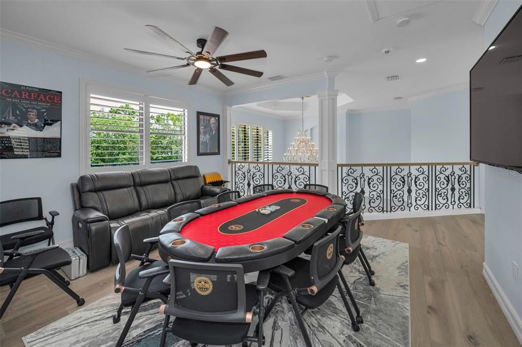 Chandelier, Game Room, Interior, Recessed Lighting, Wood Texture Flooring