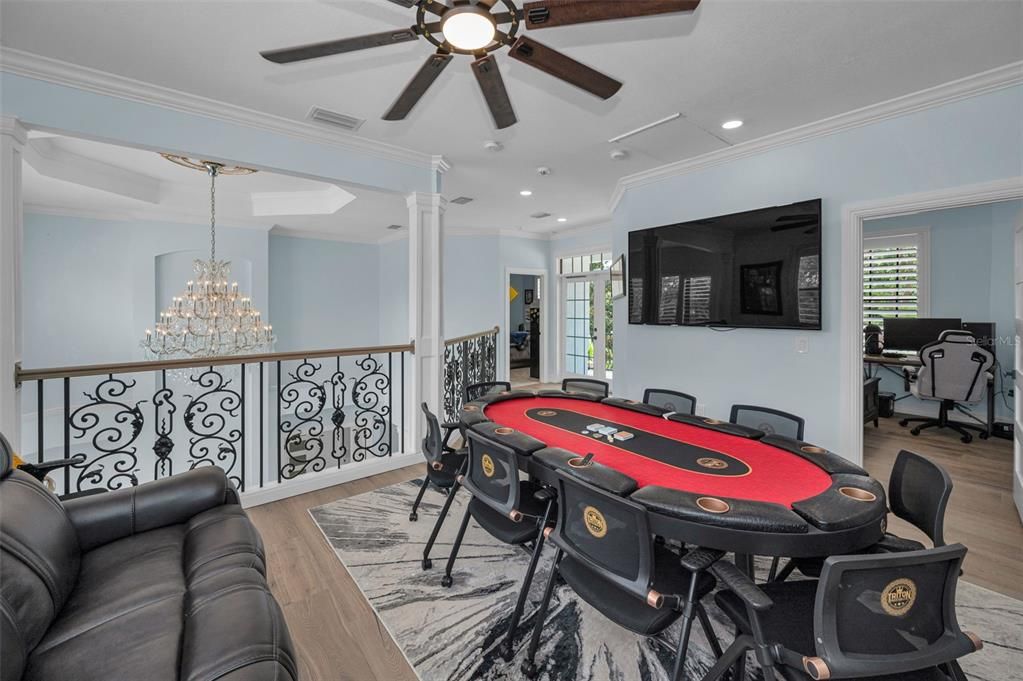 Chandelier, Game Room, Interior, Recessed Lighting, Wood Texture Flooring