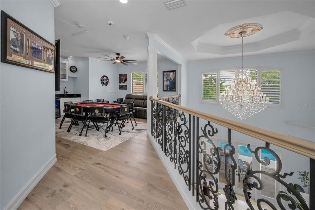Billiard Table, Chandelier, Dining room, Game Room, Interior, Recessed Lighting, Wood Texture Flooring