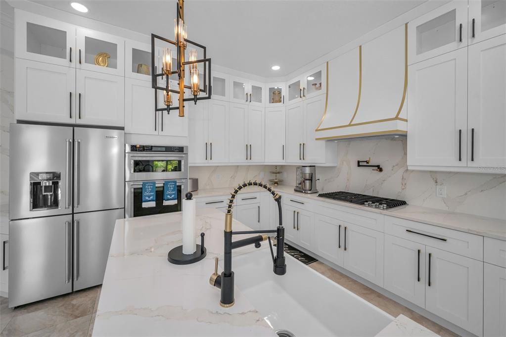 Interior, Kitchen, Marble Walls, Pendant Lights, Recessed Lighting