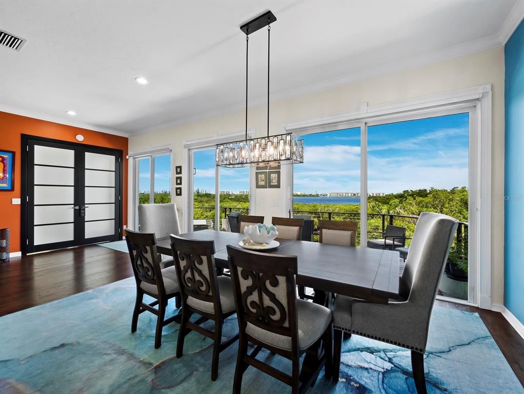 Dining room, Interior, Pendant Lights, Recessed Lighting, Wood Texture Flooring