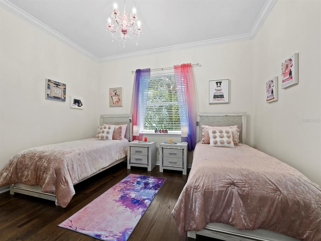 Bedroom, Chandelier, Interior, Wood Texture Flooring
