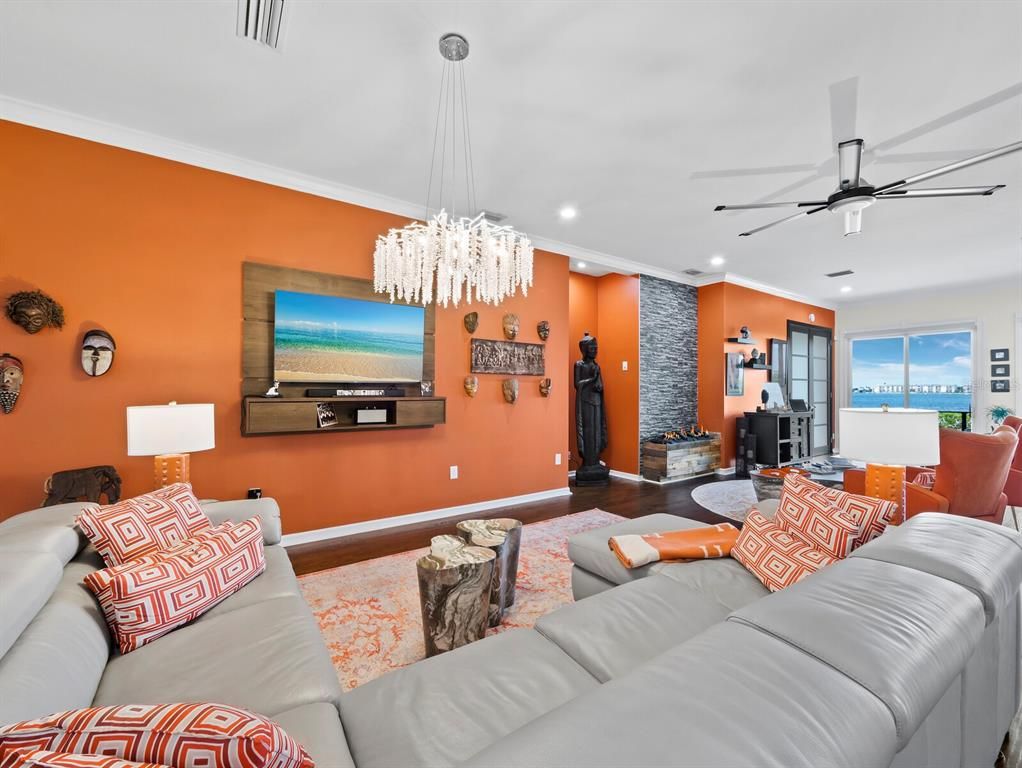 Chandelier, Fireplace, Interior, Living room, Recessed Lighting