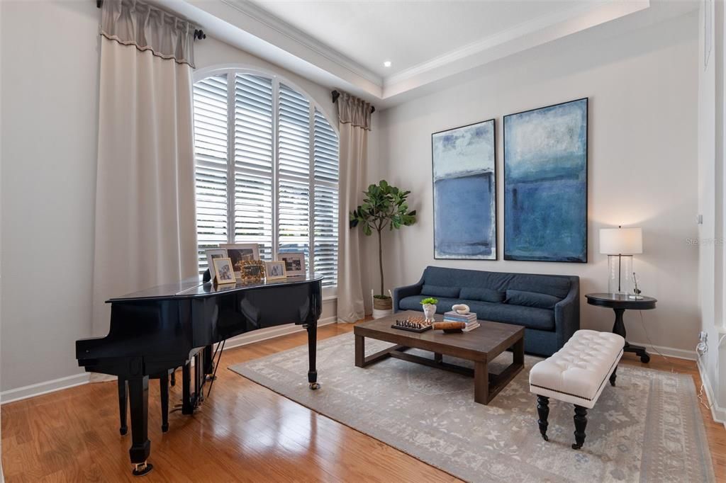 Interior, Living room, Piano, Recessed Lighting, Wood Texture Flooring