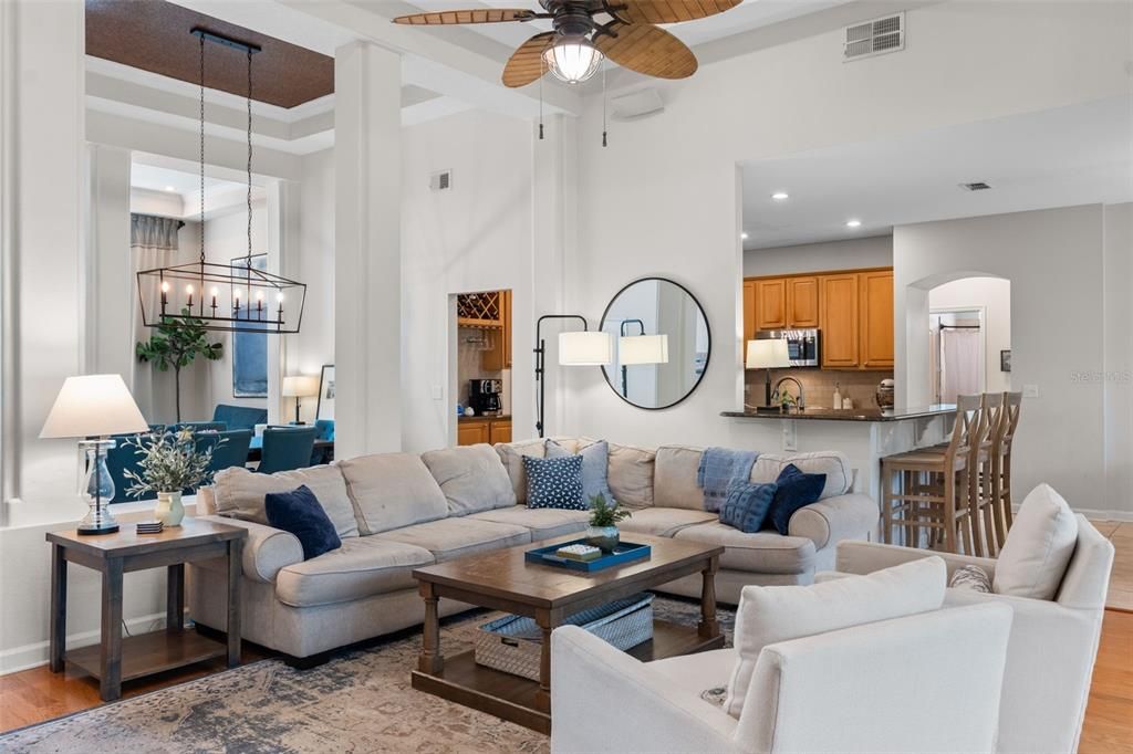 Chandelier, Dining room, Interior, Kitchen, Living room, Pendant Lights, Recessed Lighting, Wood Texture Flooring