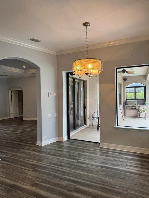 Chandelier, Empty room, Interior, Recessed Lighting, Wood Texture Flooring