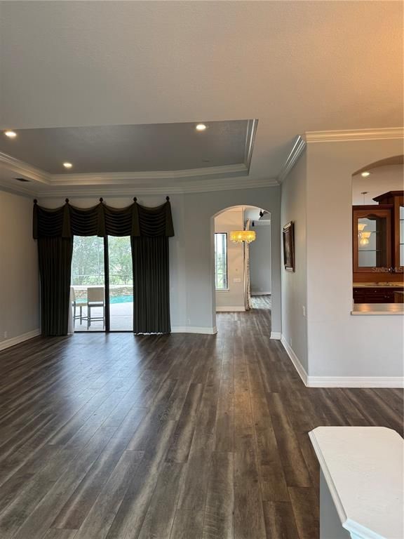 Chandelier, Empty room, Interior, Recessed Lighting, Wood Texture Flooring