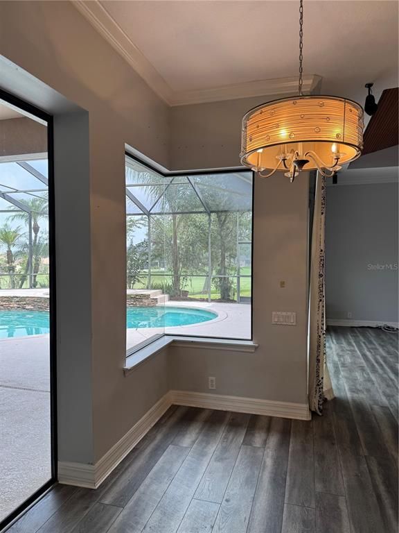 Chandelier, Glass Ceilings, Interior, Pool, Sun Room, Wood Texture Flooring