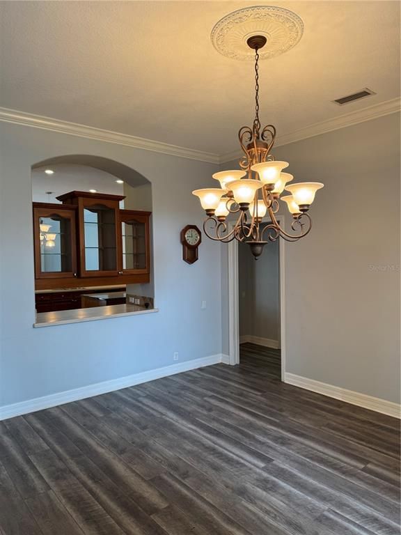 Chandelier, Empty room, Interior, Recessed Lighting, Wood Texture Flooring