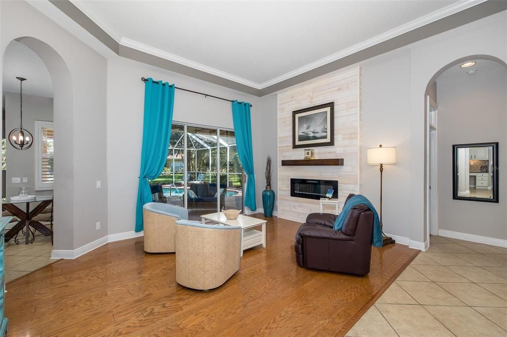Fireplace, Interior, Living room, Pendant Lights, Wood Texture Flooring