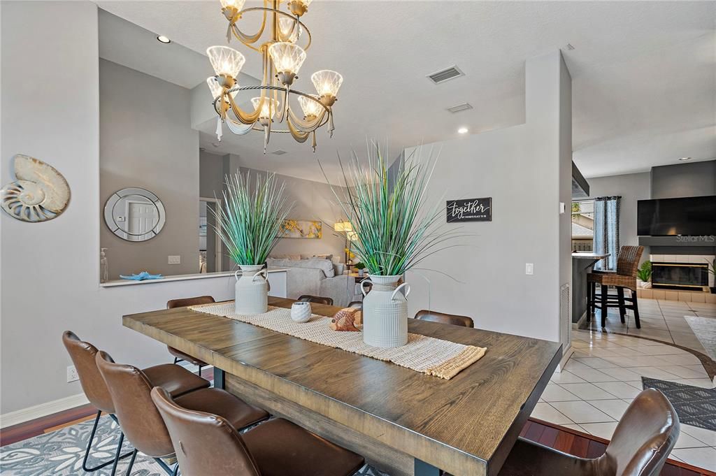 Chandelier, Dining room, Fireplace, Interior, Recessed Lighting