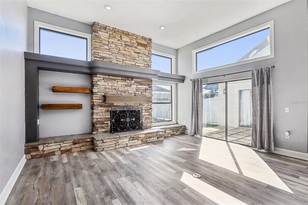 Empty room, Fireplace, Interior, Recessed Lighting, Wood Texture Flooring