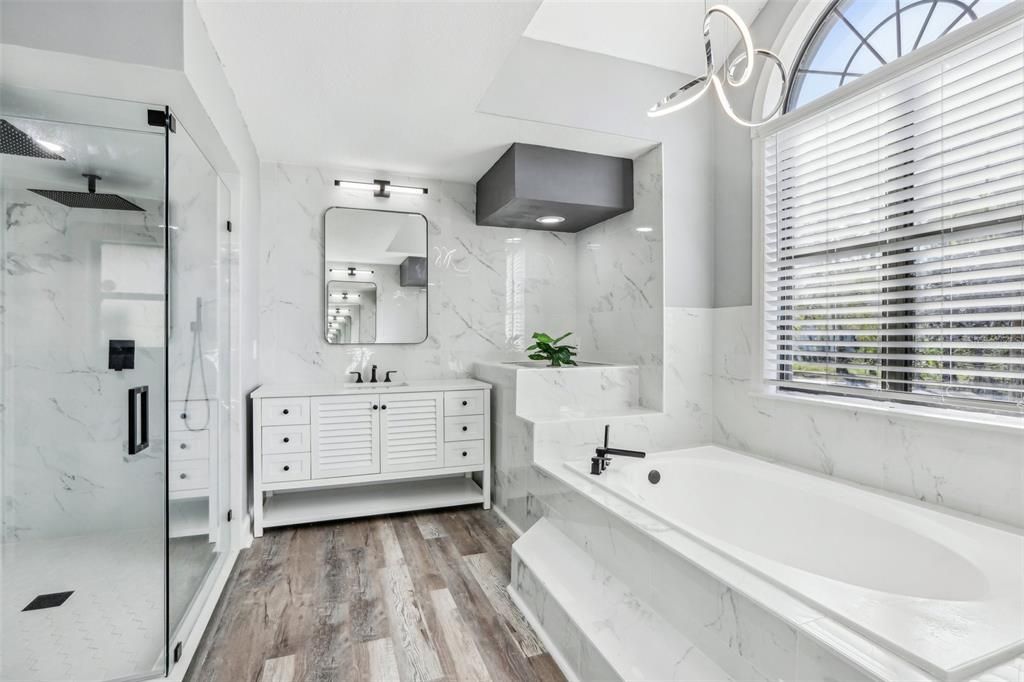 Bathroom, Dual Sink Vanities, Glass Shower, Interior, Marble Walls, Wood Texture Flooring