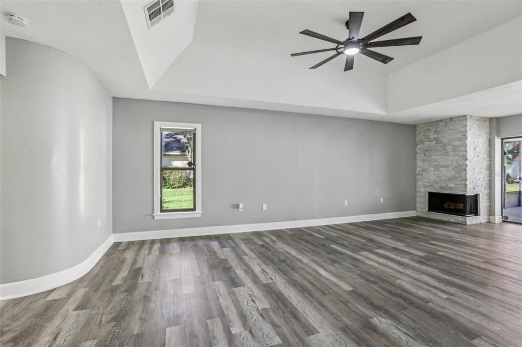 Empty room, Fireplace, Interior, Stone Walls, Wood Texture Flooring