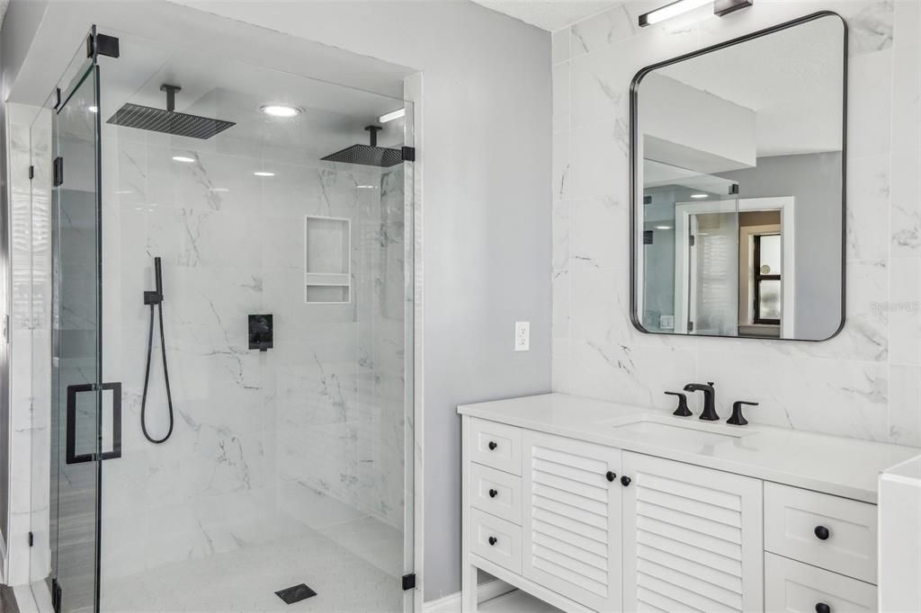 Bathroom, Glass Shower, Interior, Marble Walls, Recessed Lighting