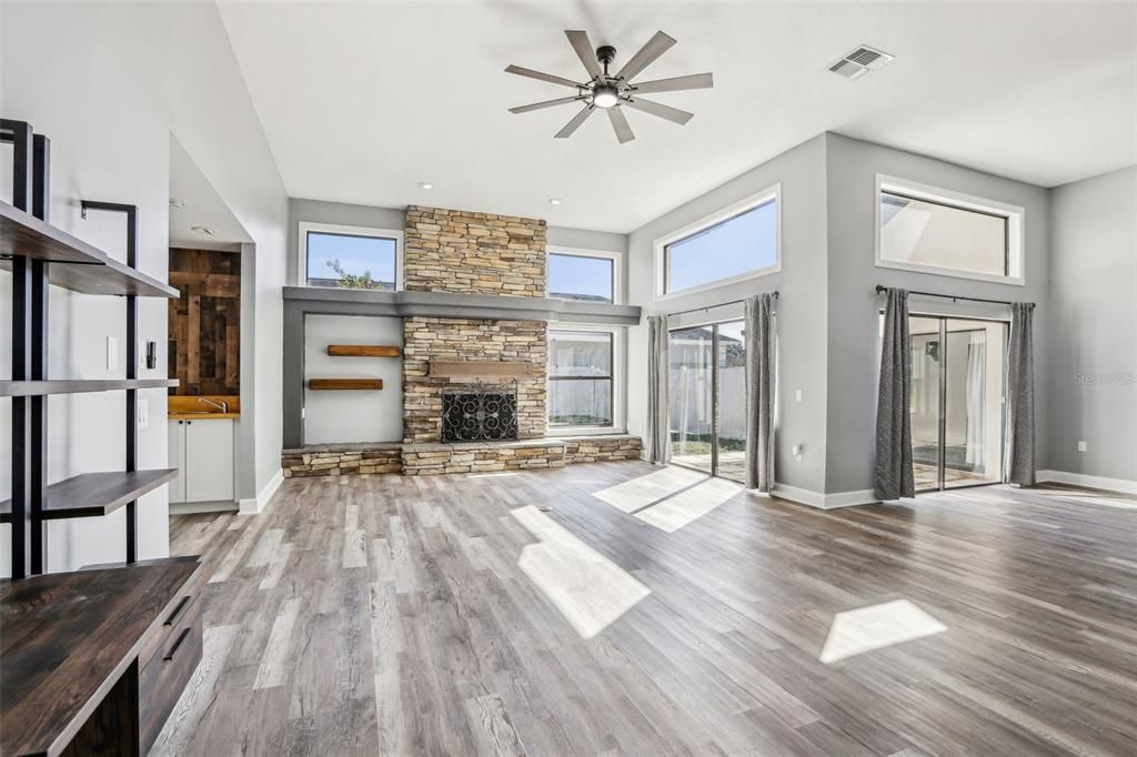 Fireplace, Interior, Recessed Lighting, Wood Texture Flooring