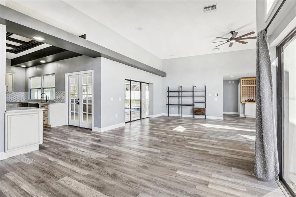 Empty room, Interior, Kitchen, Recessed Lighting, Wood Texture Flooring