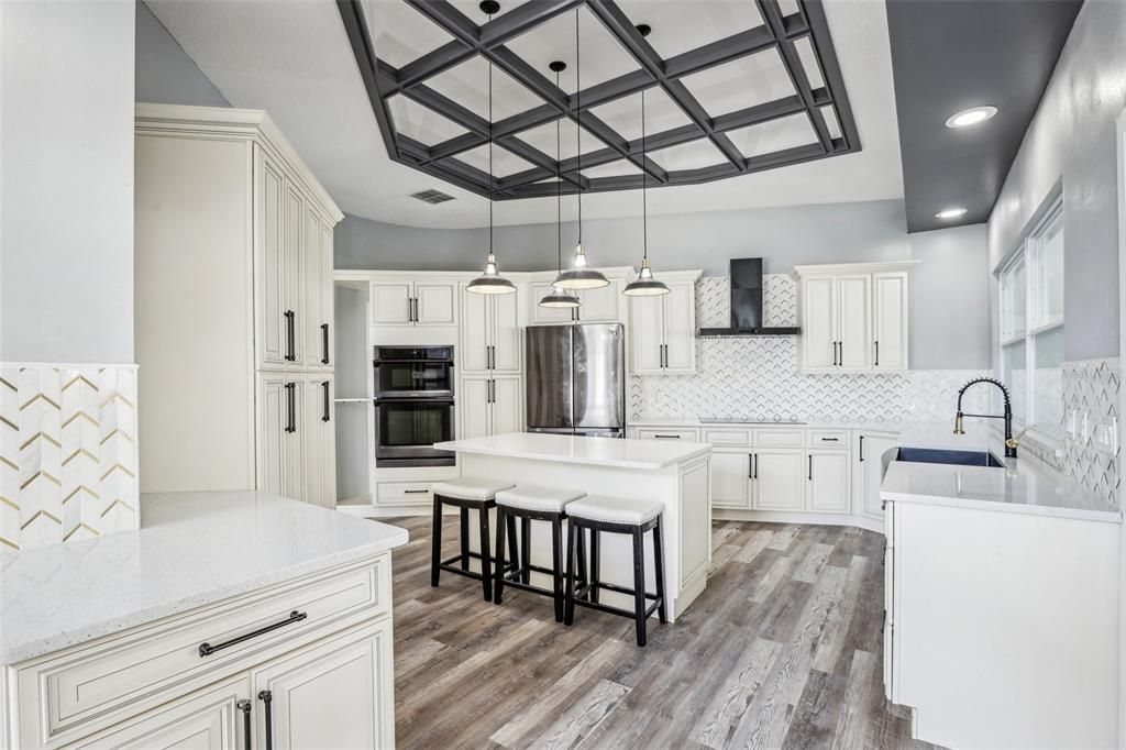 Interior, Kitchen, Pendant Lights, Recessed Lighting, Stainless Steel Appliances, Wood Texture Flooring